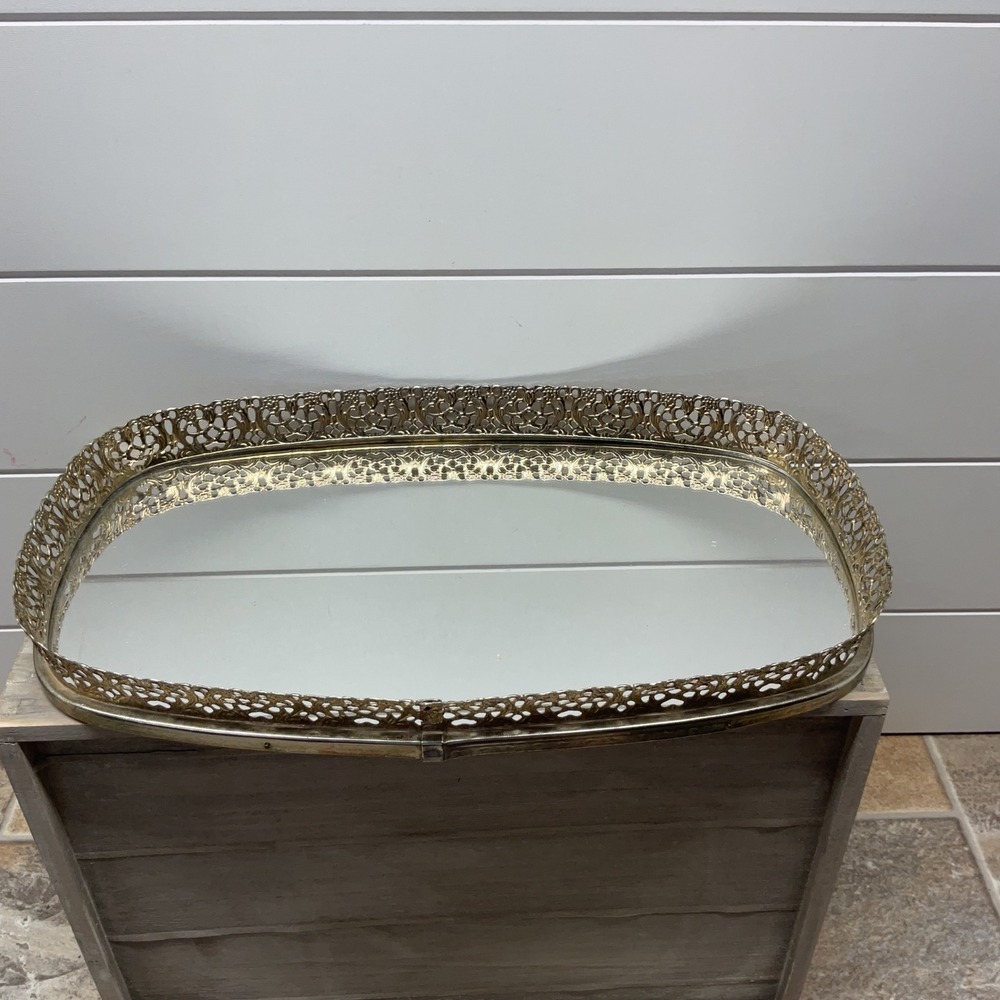 Vintage Gold Filigree Oval Mirrored Vanity Tray Hollywood Regency 13.5 Inch